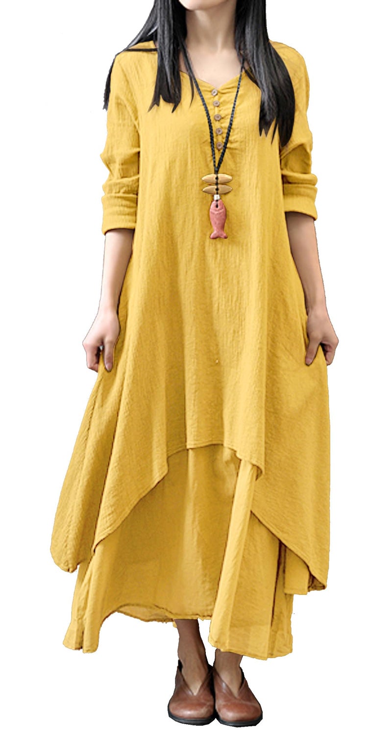 R.Vivimos Women Long Sleeve Cotton Casual Loose Plus Size Irregular Long Dresses (Large, Yellow) - Image 1